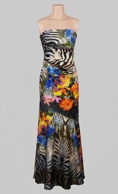 Vintage 90s Y2K Night Moves Strapless Animal Print Rhinestone Mermaid Gown 14
